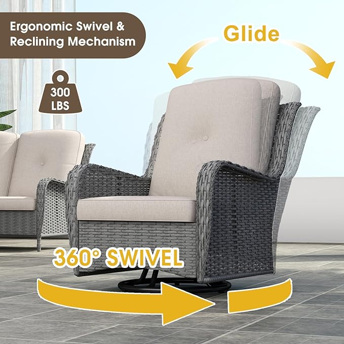 kinbor Outdoor Sectional Furniture - Outdoor Patio Conversation Sets, 7 Pieces Outdoor Sectional Sofas with Swivel Rocking Chair, Brown Wicker Rattan Patio Furniture Set, Khaki