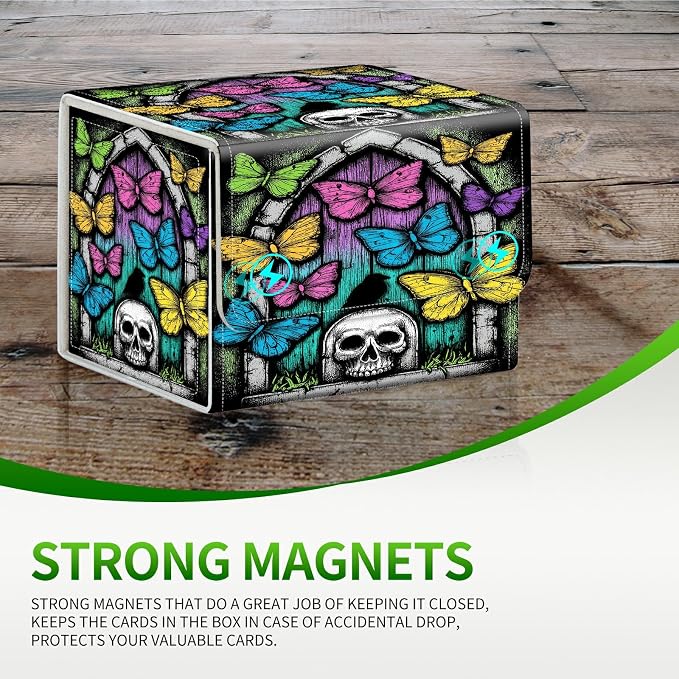 Card Deck Box for MTG, Cards Storage Box Fits 120+ Sleeved, Leather Small Size Strong Magnetic Closing Card Case for Board Games Magic TCG CCG Baseball Collection, Woodgrain Butterfly