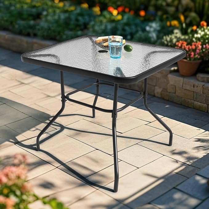 NUU GARDEN 31.5" Square Patio DiningTable, Patio Table with Umbrella Hole, Patio Dining Table with Tempered Glass, Outdoor Dining Tables, Square Patio Table for Balcony,Black