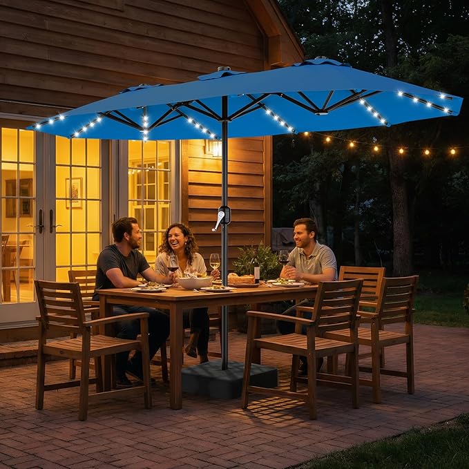 AreShark 13 FT Patio Umbrella with Solar Lights, Double-Sided Outdoor Table Umbrellas with Crank, Large Rectangular Market Umbrella for Porch, Lawn, Pool, Backyard, Royal Blue