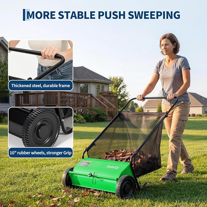 Garvee 26 Inch Push Lawn Sweeper, Walk Behind Leaf Grass Collector with 7 Cu ft Hopper Bag, Carbon Steel Frame, Yard Sweeper with Adjustable Brush Height for Garden Patio Driveway Leaves Cleanup