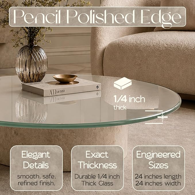 24 inch Round 1/4" Thick Pencil Polished Edge Glass Table Top with 6 Bumpers - Tempered, Scratch Resistant & Safety Replacement Glass Designed for Dining, Coffee, Patio & End Tables