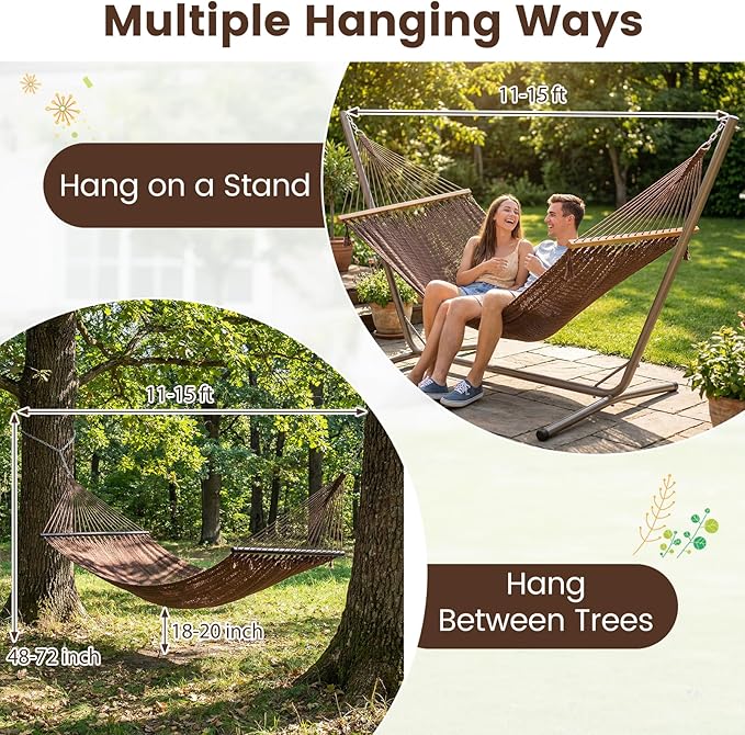 Tangkula 10.5FT Caribbean Double Hammock, Heavy Duty Portable Hammock with Curved Spreader Bars, Soft-Spun Polyester Rope, 2 Person Outdoor Hammocks for Outside, 600 lbs Max Load