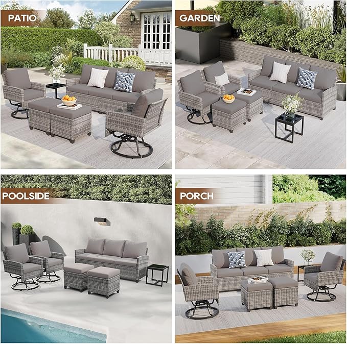 6 Piece Outdoor Furniture Set, Rattan Patio Furniture with 2 Swivel Chairs, 3-Seat Sofa, 2 Ottoman & Side Table, All-Weather Conversation Set for Porch Garden Lawn Balcony (Gray & Gray)