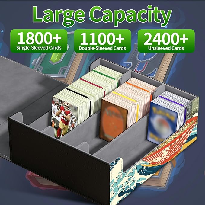 Large Card Deck Box for MTG, Fits 1200+ Sleeved Cards, PU Leather Storage Case with Strong Magnetic Closure, Multiple Colors for TCG CCG Baseball Card Collections, Wave Noodles Cat