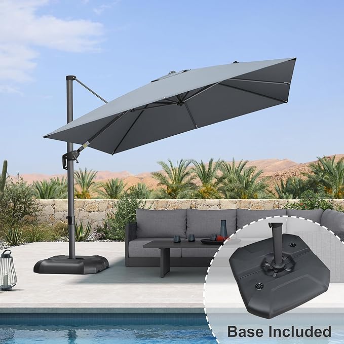 PURPLE LEAF 10 Feet Patio Umbrella with Base Outdoor Cantilever Square Umbrella Aluminum Offset Umbrella with 360-degree Rotation for Garden Deck Pool Patio Light Grey