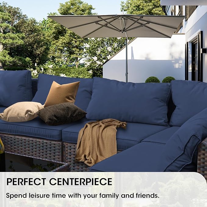 Grezone 5 Piece Patio Furniture Set with 44" Fire Pit Table, Outdoor Sectional Couch, PE Rattan Patio Conversation Sets with 4inch Cushions for Backyard Deep Blue (NY)