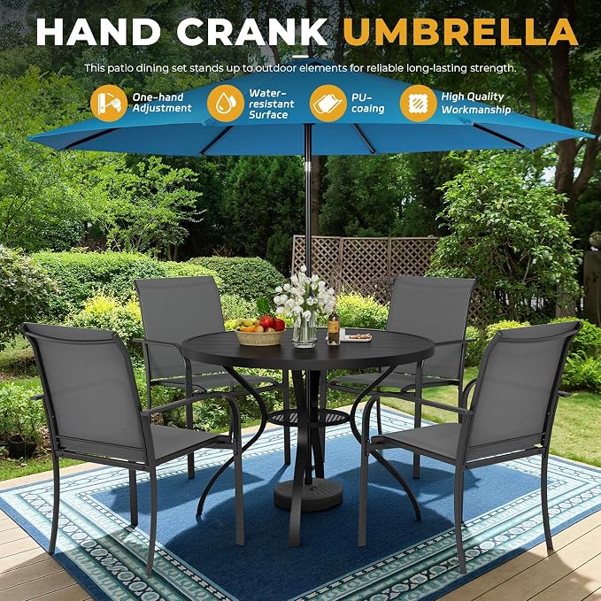 Incbruce 6 PCS Patio Dining Set with Sky Blue Umbrella, Outdoor Dining Set of 4 Textilene Chairs and 41" Round Table with Umbrella Hole for Backyard, Garden, and Poolside (Grey)