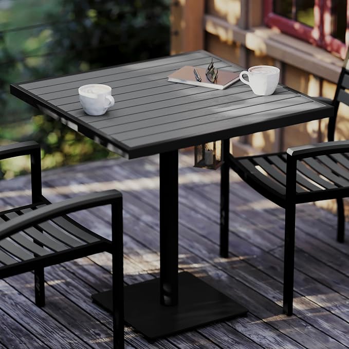 BizChair Commercial Outdoor Patio Bistro Dining Table - Faux Gray Wash Teak Poly Slats - 30" Square