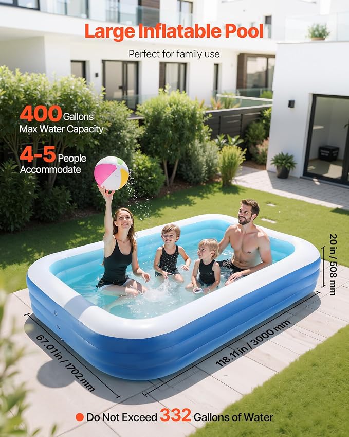 VEVOR Inflatable Pool, 118 x 67 x 20 inch Large Inflatable Swimming Pool, Family Large Swimming Pools with Repair Patches, Blow Up Pools for Kids, Adults, Family, Indoor Outdoor, Summer Water Party