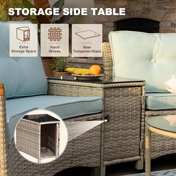 MEISSALIVVE 8-Piece Half-Moon Curved Outdoor Patio Furniture Set, Sectional Conversation Sofa with 2 Half-Moon Ottomans, Round Coffee Table for Backyard Deck Garden, Blue