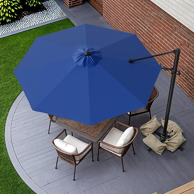Greesum 10FT Outdoor Patio Umbrella with High Pedel and 4 Gear Heights, Large Offset Market Umbrella with 360-degree Rotation, Without Base, Hanging Outdoor Shade for Garden, Lawn, Pool, Deep Blue