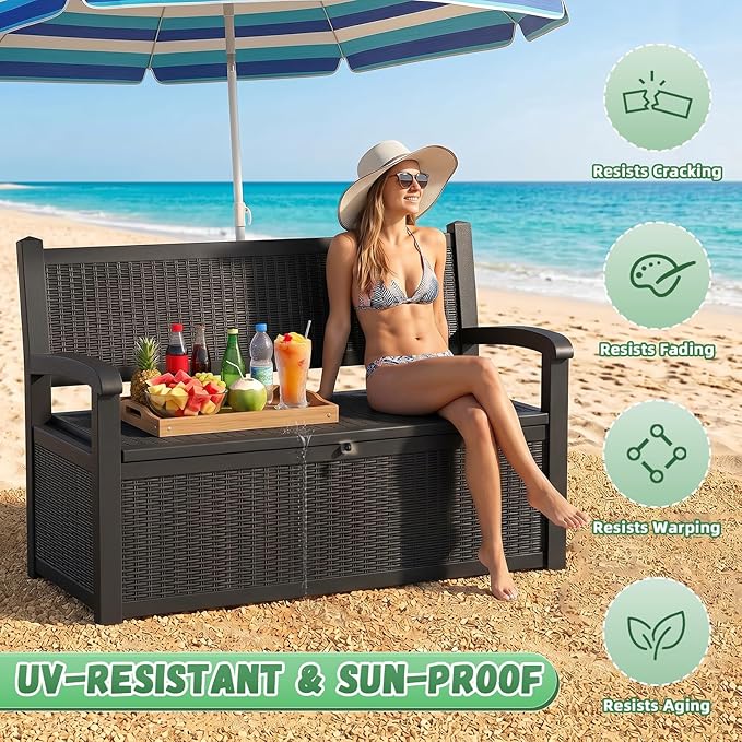 80 Gallon Outdoor Storage Bench Waterproof Resin Lockable UV Resistant Deck Box Benches Furniture Outside Porch Patio Pool Garden Tool Cushion Black