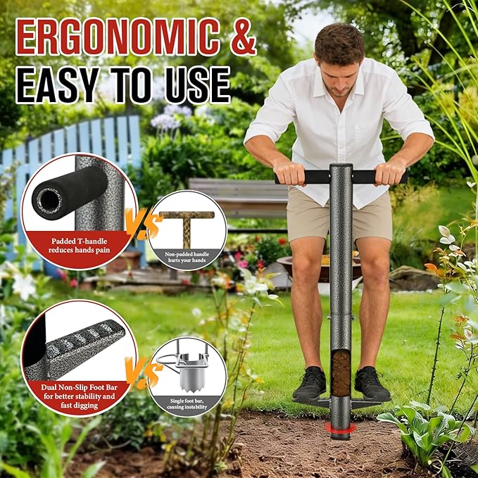 Bulb Planter Tool, 33.5" Long Handle Sod Plugger for Standing Planting, 2"/4"/6" Adjustable Depth Garden Hole Digger, Heavy Duty Auto Eject Lawn Plugger for Flower Bulbs,Grass Plugs,Seedlings