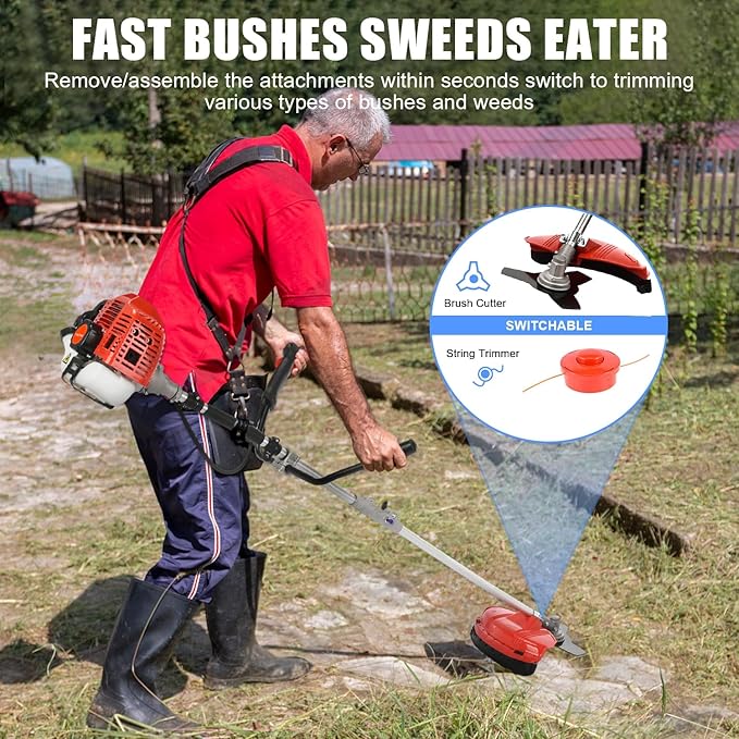YOXIER 52CC Gas Weed Wacker, 2-Cycle 2 in 1 Gas Weed Eater, Upgraded 2.2KW/8500rpm Weed Wacker Gas Powered, Strong Power Brush Cutter, Gas String Trimmer for Daily Trimming Red