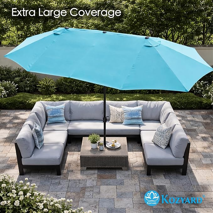 Kozyard 15 FT Rectangular Double-Sided Patio Umbrella with Solar Lights, Outdoor Patio Umbrella with Crank Lift, Base Included, UV-Resistant for Pool, Backyard & Garden Blue