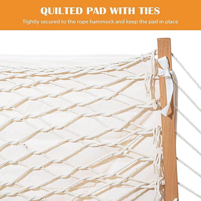 Lazy Daze Hammocks Rope Hammock with Pad, 2 Person Hand Woven Cotton Hammock with Spreader Bar for Outdoor, Indoor, Patio, Poolside, FIT 13-15 Foot Stand, Max 450 Lbs