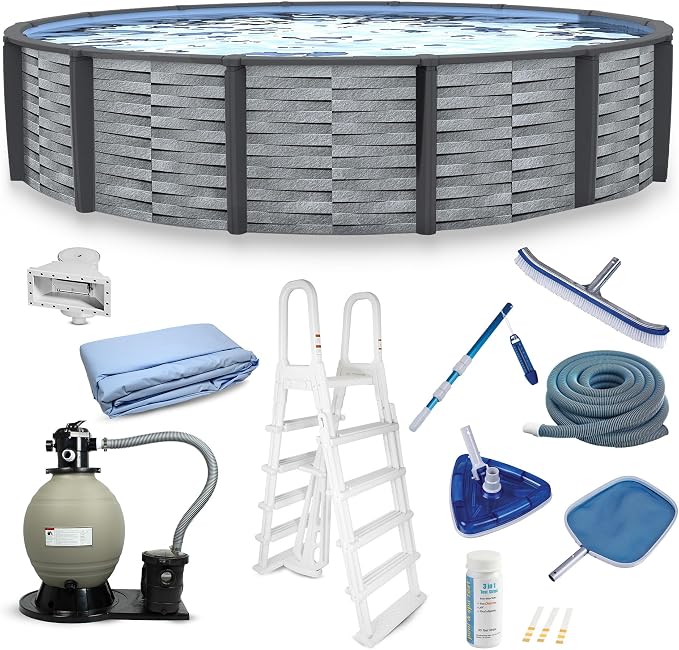 Blue Wave Affinity 27-ft Round 52-in Deep Hard Sided Above Ground Pool with Resin Top Seats & Verticals, 1.5 HP Dual-Speed Sand Filter System, Ladder, Liner, Skimmer & Maintenance Kit – 16,200 Gal Cap