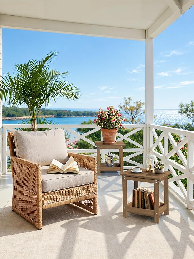 LUE BONA Outdoor Side Table, 2-Tier HDPE Small Outdoor End Table with Rail for Patio, Deck, Poolside, Low Maintenance & Weather Resistant, Walnut Brown