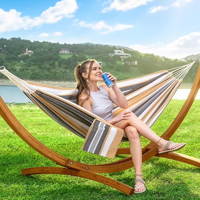 SUNCREAT Hammocks Freestanding Hammock with 10 ft Wooden Stand Included, Stand Alone Hammock for Outside, 475 lbs Capacity, Coffee