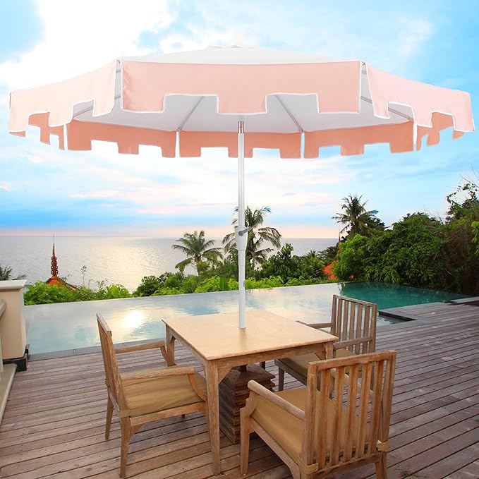 JONATHAN Y Baiona 9 ft. White/Coral Pink Outdoor Patio Umbrella with Crank Lift and Tilt, 8 Ribs UV-Resistant Market Table Umbrella with Square Trim for Pool, Deck, Coastal, White Pole UMB1000C