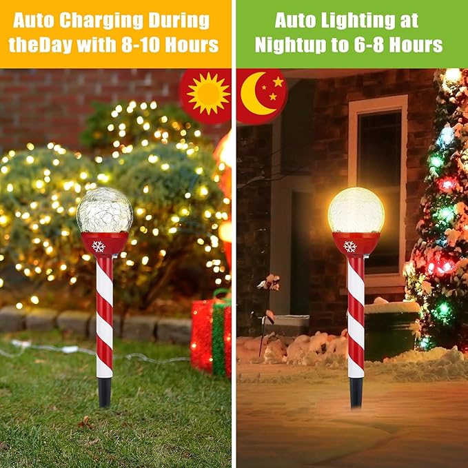 Tujoe 6 Pcs Christmas Solar Pathway Lights Outdoor Stainless Steel Solar Candy Cane Path Torch Lights for Yard Patio Garden Outside Walkway Driveway Landscape Stakes Xmas Outdoor Decorations
