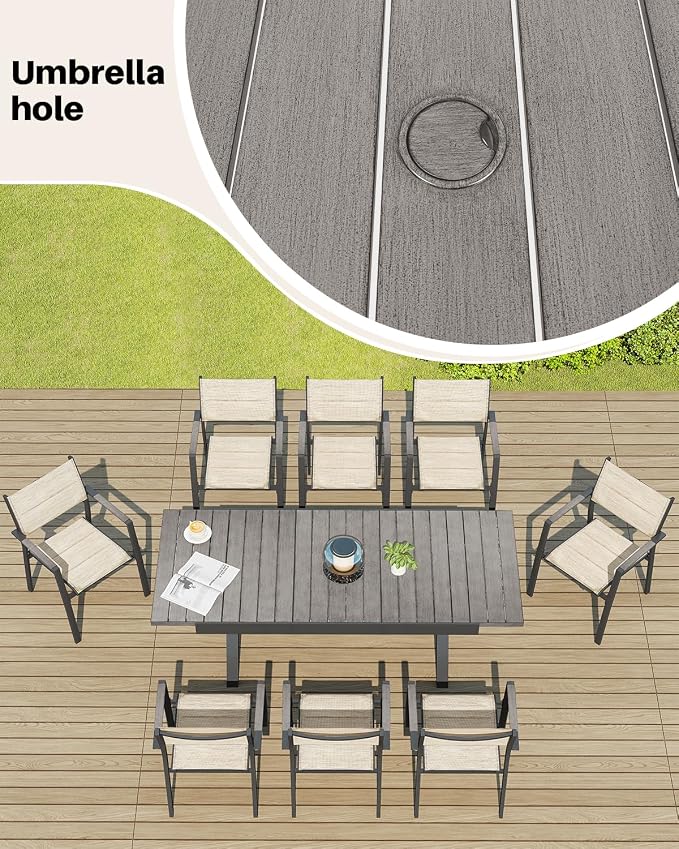 Expandable Outdoor Dining Table for 8 Person, Never-Rust Aluminum Patio Dining Table, 63''-83'' Extendable Dining Table with Umbrella Hole for Backyard Deck Indoor or Outdoor Meals, Limed Oak