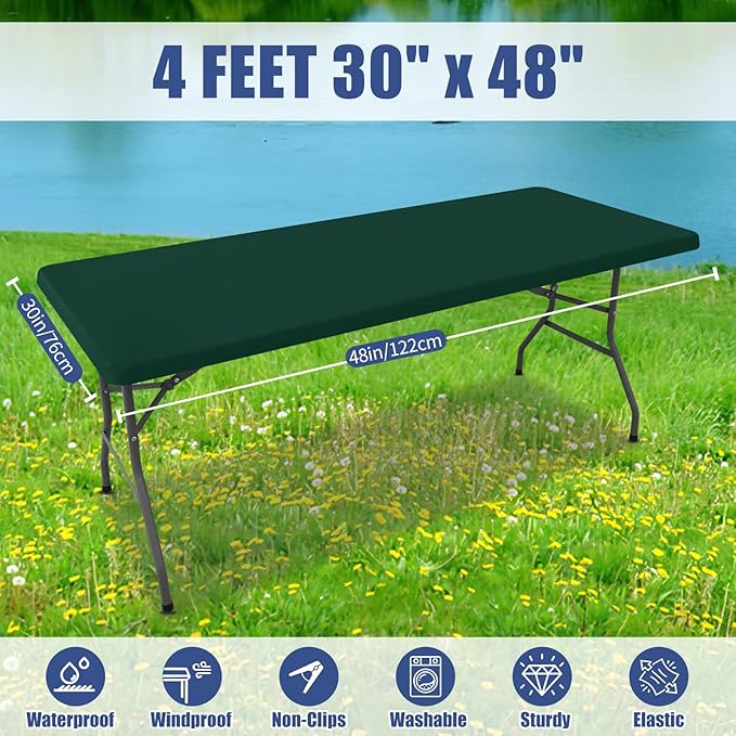 Moosfor Spandex 4 Foot Rectangle Table Cloth 2 Pack, Elastic Fitted Tablecloths for Picnic, Stretch Washable Patio Table Cover for Outdoor, Camping, Banquet and Parties (Hunter Green, 30"x48")