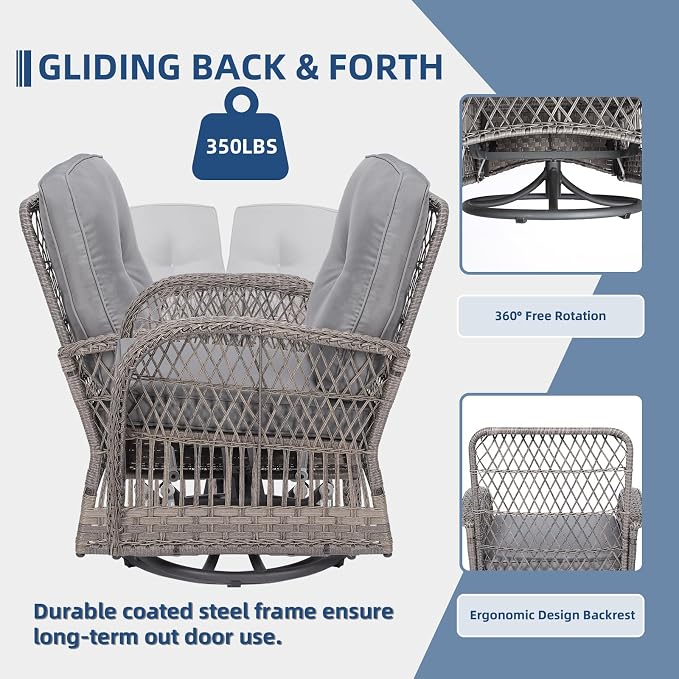 7-Piece Wicker Patio Furniture Sets Outdoor All-Weather Rattan Conversation Set Includes Glider Loveseat, 2 Glass-Top Coffee Tables, 2 Swivel-Rocker Chairs for Porch Backyard, Gray