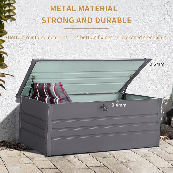 Extra Large Lockable Metal Deck Box, Waterproof Outdoor Patio Storage Container for Furniture Cushions, Pool Accessories & Garden Tools (Light Gray + Metal, 260, Gallons)