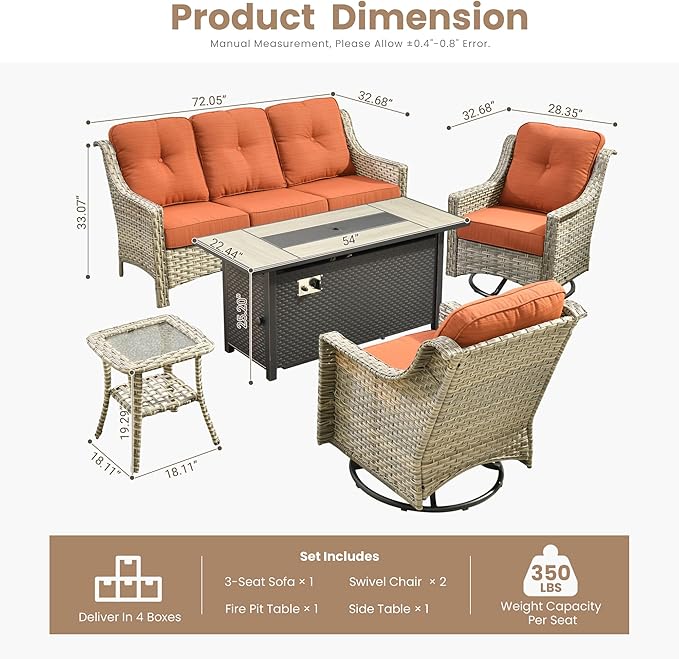 HOOOWOOO Patio Furniture Set,5 Pieces Wicker Outdoor Furniture,High Back Conversation Set with All Weather Resistant Fire Pit Table Couch Swivel Chairs,Red
