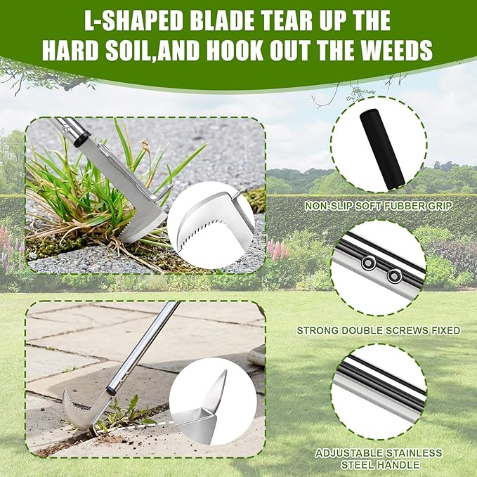 Adjustable 2-in-1 Garden Hoe with Rake & L-Shaped Crack Weeder Set, Stainless Steel Long Handle Weeding Tool for Stand up Soil Prep, Leveling and Yard Cleanup (No Bending Required)
