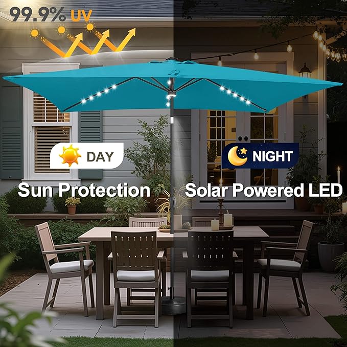 FLAME&SHADE 6.5 x 10 ft Rectangular Solar Powered Outdoor Market Patio Table Umbrella with LED Lights and Tilt, Aqua Blue