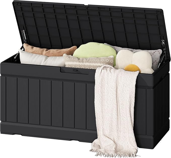 Flamaker Outdoor Storage Box 80 Gallon Resin Waterproof Deck Box Delivery Box with Wood Texture Large Storage Bin for Patio Cushions (Black)