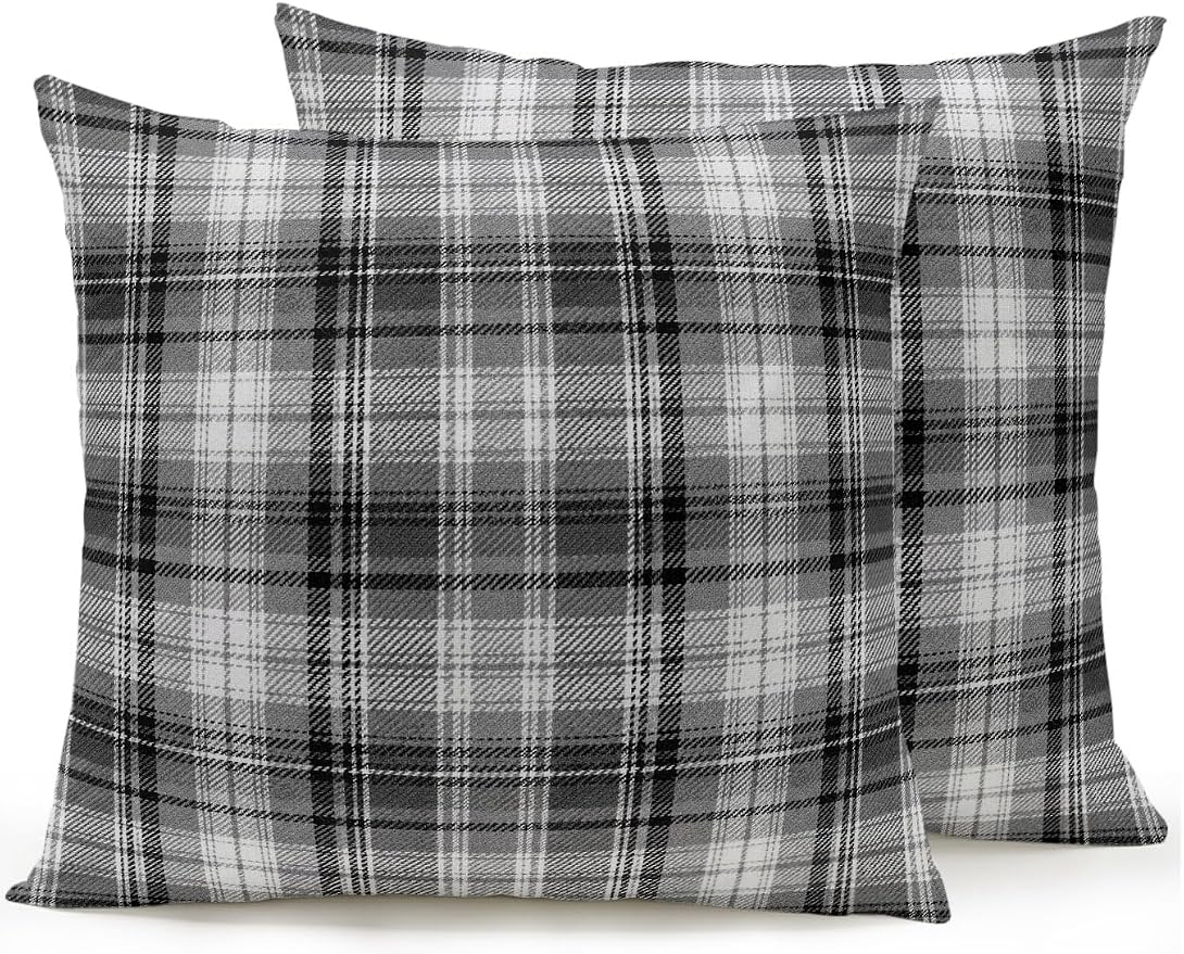 Waterproof Outdoor Pillow Set of 2 Gray Checked Plaid Decorative Throw Pillows Cover & Insert 16x16 Inch Pillowcase Stripes Woven Grid Square Pillows for Couch Sofa Bed Patio Furniture Indoor Outdoor