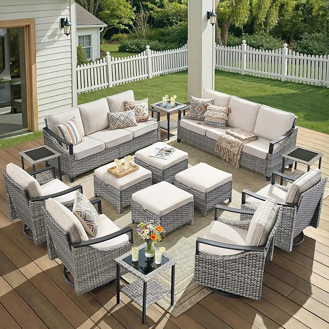 14 Piece Outdoor Patio Furniture Sets-High Back Wicker Swivel Rocker Patio Chairs Set of 4 with Thick Cushions Ottomans, Outdoor Sofa, Patio Conversation Sets for Porch Balcony Patio Deck Grey/Beige