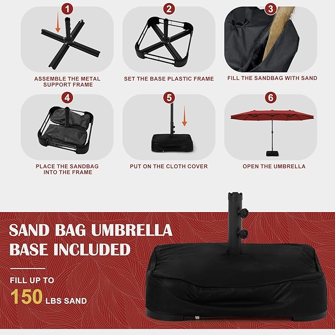 Sundale Outdoor Solar 144 LED 15 ft Patio Umbrella with Sandbag Base Included and Cover, Outdoor Double-Sided Umbrella with Lights