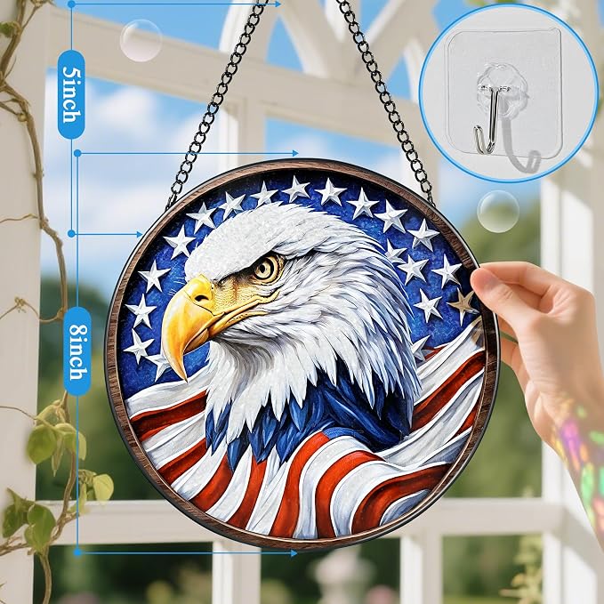 Stained Glass Window Hanging, Stained Glass Suncatcher, 8" American Eagle Sun Catchers Indoor Window Ornament, Gifts for Patriotic, Independence Day Decorations | Gifts for Women, Men, Dad, Father