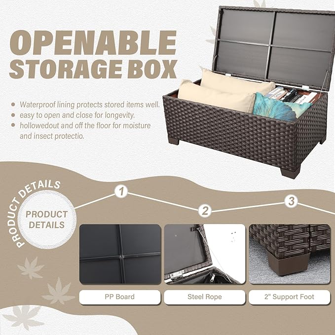 6 Pieces Patio Outdoor Furniture Outdoor Conversation Sets Wicker Sofa Set with Outdoor Couch Patio Chairs Storage Coffee Table Khaki Cushions Waterproof Covers