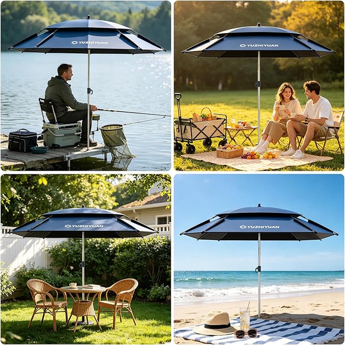 Patio Umbrella with Exclusive Black Coating, 7.2ft/7.8ft Heavy-Duty Double-Layer Nylon Canopy, Adjustable Tilt Sun Shade Outdoor Table Umbrella, UV Protection & Carry Bag for Beach, Fishing, Backyard