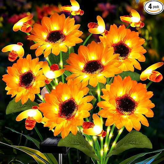 ANGMLN Solar Garden Lights 4 Pack Solar Swaying Bee Lights with Sunflowers, Gifts for Mom Women Mothers Day, Waterproof Firefly Flower Light for Outdoor Decor,Decoration for Patio Yard Landscape