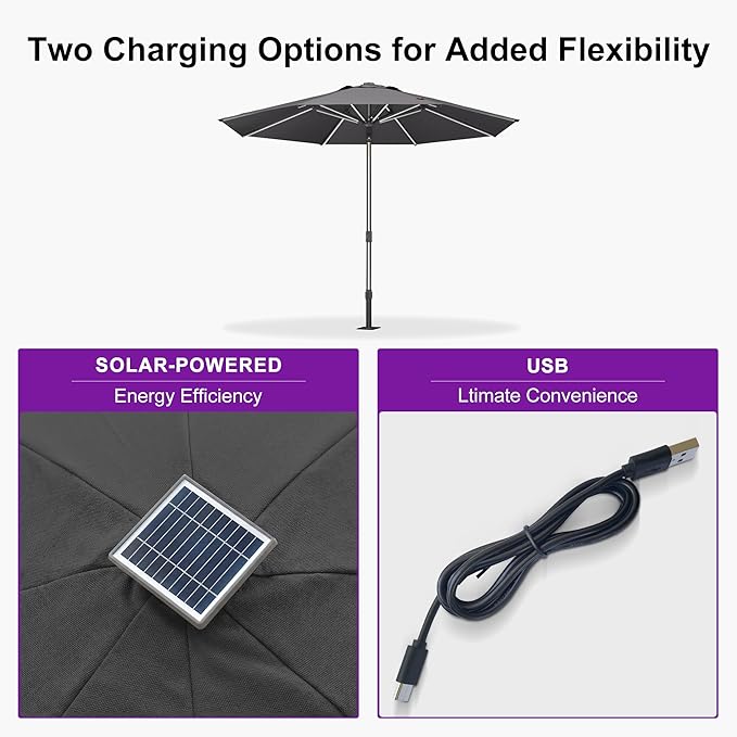 PURPLE LEAF 10 FT LED Round Patio Umbrella with Solar Lights Heavy Duty Windproof Semi Auto for Outdoor Dining Rooftop Bar Wedding Venue Resort Event Hotel Restaurant Night Business Commercial Use Grey