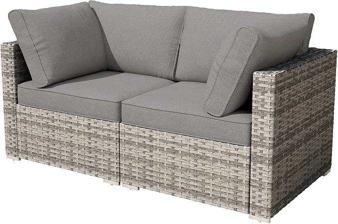 Weaxty 2 Pieces Patio Furniture Sets Corner Seats, Wicker Outdoor Sectional Sofa with Thicken Cushion, Patio Conversation Couch Set for Porch, Balcony,Yard, Poolside, Dark Gray