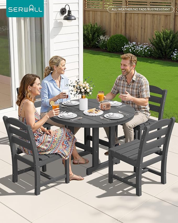 SERWALL 5-Piece Patio Dining Sets, HDPE Outdoor Table and Chairs Furniture Set, 45" Round Dining Table and 4 Armless Dining Chairs, Gray