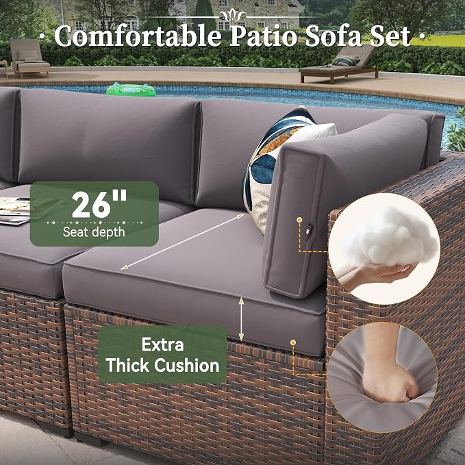 Aoxun 7 Piece Patio Furniture Set Wicker Rattan Patio Conversation Set Outdoor Sectional Sofa Set with Coffee Table and Thickened Cushions, Grey
