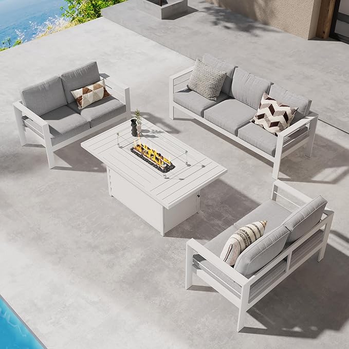Wisteria Lane Aluminum Outdoor Patio Furniture Sets with Fire Pit Table, 4 Piece Metal Patio Conversation Sets Modern Outdoor Sofa Couch with Cushion, White