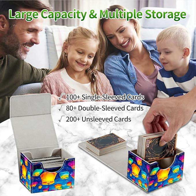 Card Deck Box for MTG, Cards Storage Box Fits 120+ Sleeved, Leather Small Size Strong Magnetic Closing Card Case for Board Games Magic TCG CCG Baseball Collection, Blue Lantern