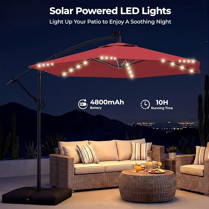 HOMSHADE 10FT Offset Patio Umbrella with Solar Lights, Outdoor Patio Umbrella with Base Included, Easy Tilt and UPF50+ Cantilever Market Hanging Umbrellas for Pool, Deck, Garden, Patio (Red)