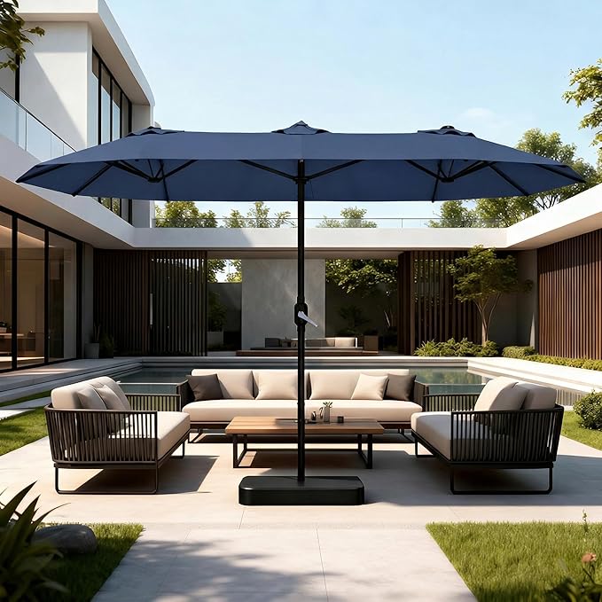 15ft Large Patio Umbrellas with Base Included, Outdoor Double-Sided Rectangle Market Umbrella with Stand, Outside Umbrellas for Poolside Lawn Backyard