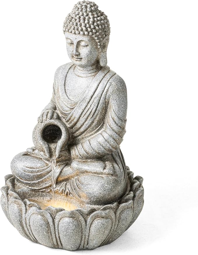 Glitzhome Buddha Fountain Outdoor 20.5" H, 2-Tier Zen Style Concrete Meditating Buddha Statues Water Fountains with Pump & LED Light, Buddhas Floor Fountains Sculpture for Garden Patio Backyard